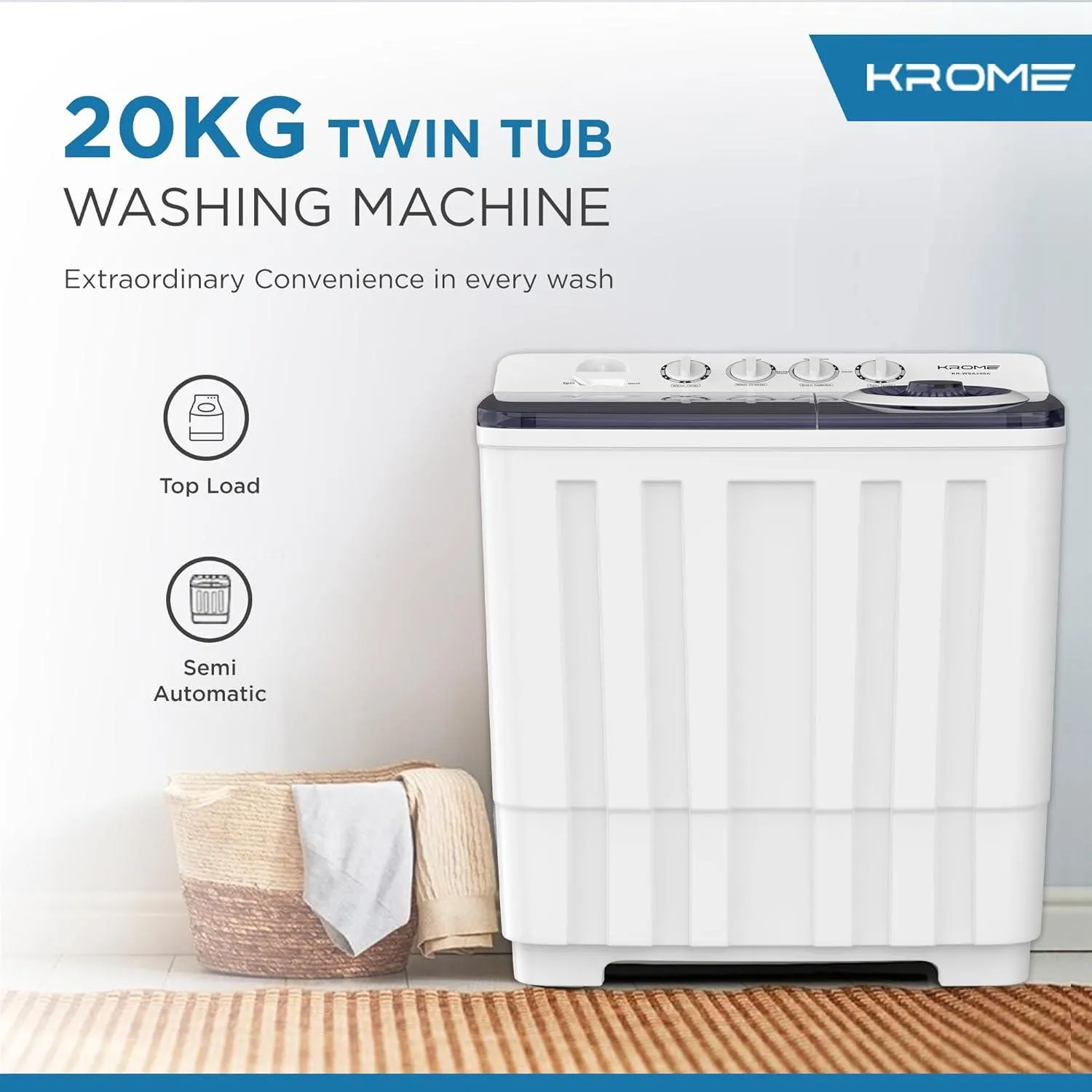 Krome 20Kg Manual Semi Automatic Washing Machine - Kr-Wsa200K