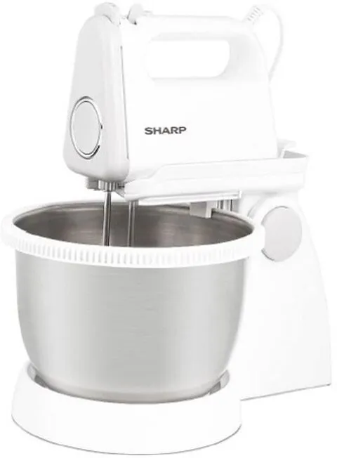 Sharp 250 Watts Turbo + 5 Speed Selection Detachable Free Stand Mixer For Quick Cake Mixing With Egg Beater, Dough Hook & Stainless Steel Bowl Em-Sp21-W3, White