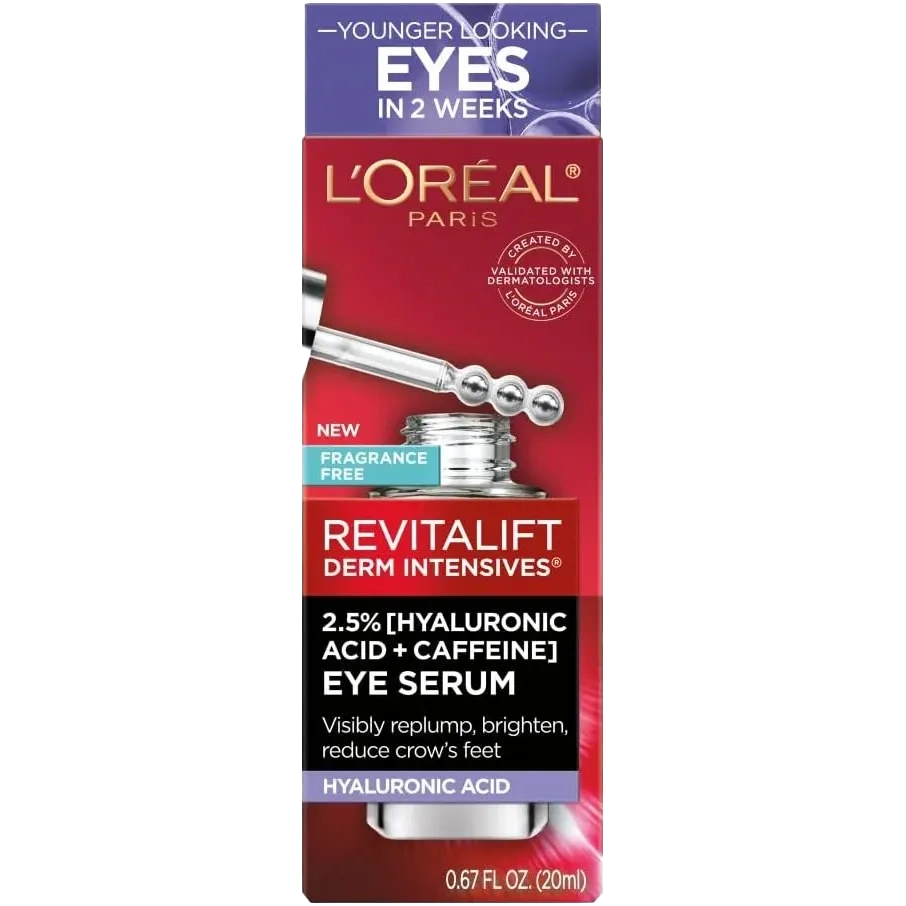 L'Oreal Paris Revitalift Derm Intensives Hyaluronic Acid + Caffeine Hydrating Eye Serum, 0.67 Floz