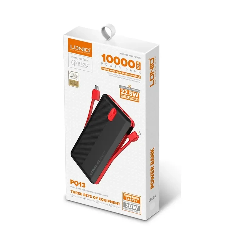 LDNIO Pq13 Portable 10000mah Power Bank Built-in 3-in-1 Cable Dual Usb With Led Indictor 10000mah Power Bank