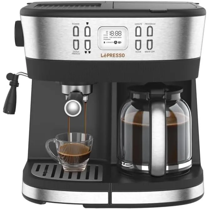 LePresso 2in1 Espresso Coffee Machine 20 Bar Pressure 10 Coffee Carafe Black, Lpcffm0002-bk