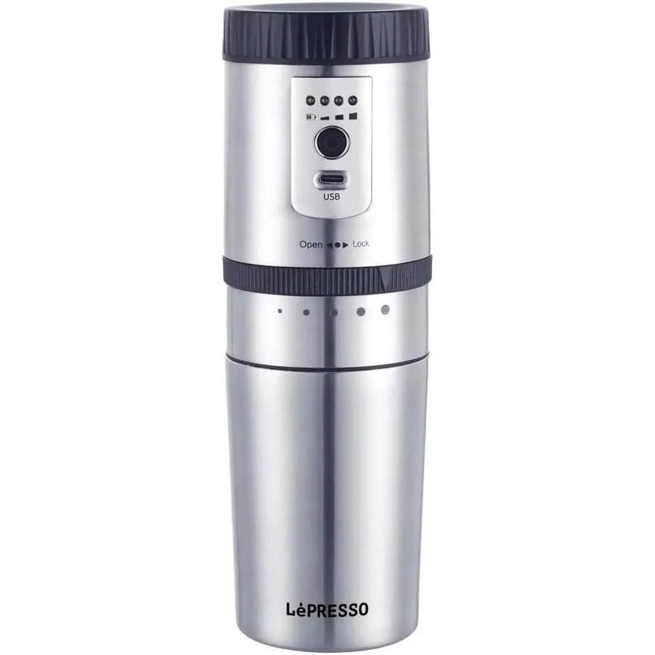 LePresso Portable Mini Grinding And Coffee Maker With Stainless Steel Mug 1600 Mah Battery Abs Silver, Lpgcmsm