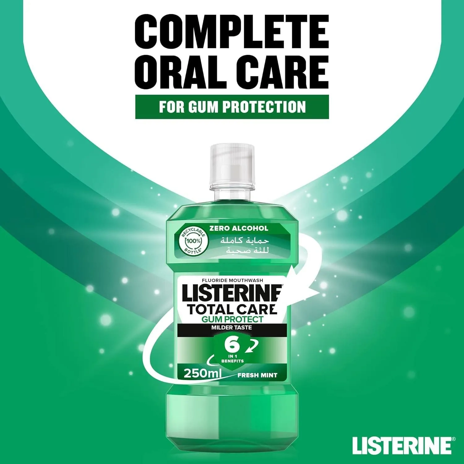 Listerine Daily Mouthwash Total Care,Gum Protect,6 Benefit Fluoride,Mildertaste,Fresh Mint 250Ml
