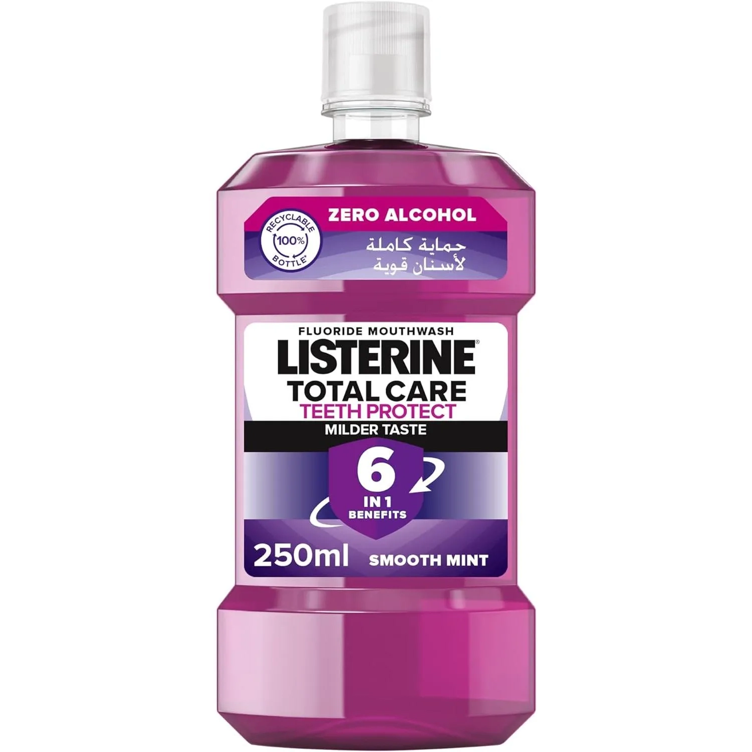 Listerine Daily Mouthwash Total Care,Teeth Protect,6 Benefit Fluoride Milder Taste,Smooth Mint 250Ml