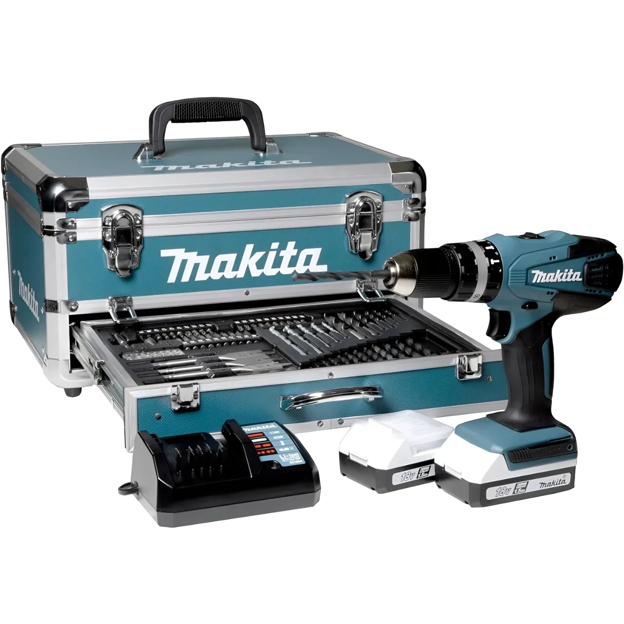 Makita 18V Lithium-Ion G-Series 13Mm Cordless Percussion Driver Drill With 70Pcs Accessory Set In Aluminium Case