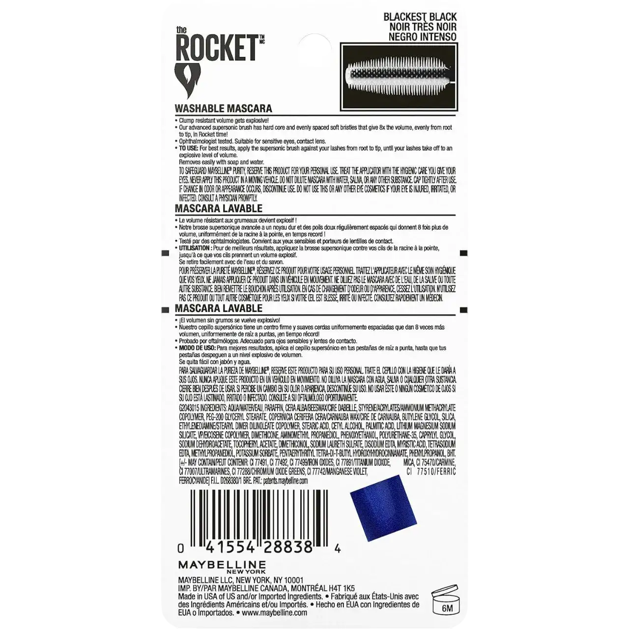 Maybelline New York Volum' Express The Rocket Volumizing Washable Mascara, Blackest Black