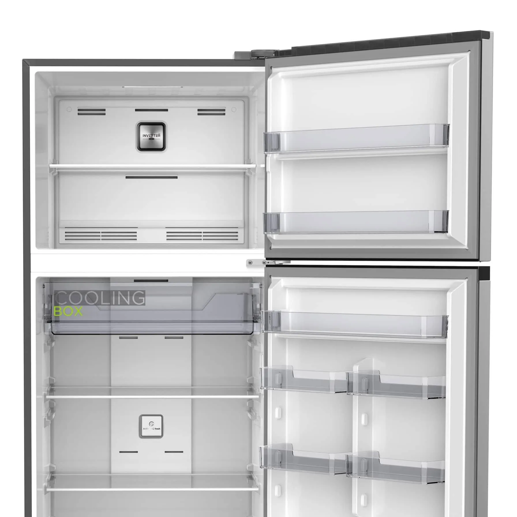 Midea Double Door Refrigerator Net Capacity 356L Silver Finish Glass Shelves