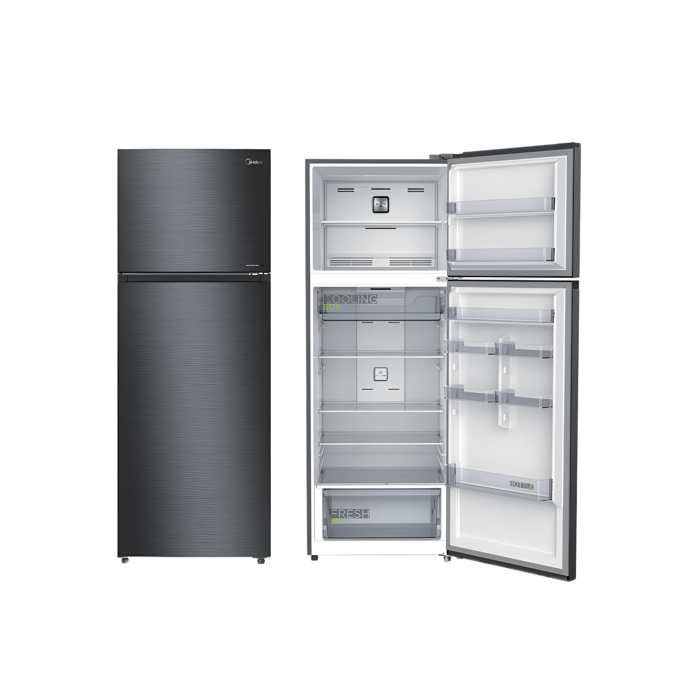 Midea Double Door Refrigerator Net Capacity 466L Silver Finish Glass Shelves