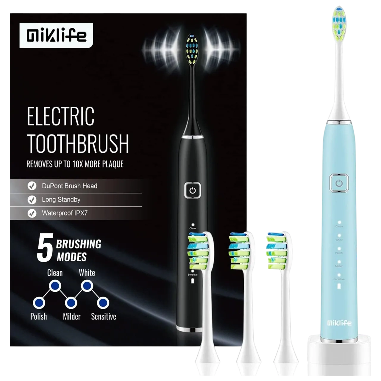 Miklife Sonic Electric Toothbrush 5 Modes Rechargeable Power Smart Toothbrush Cleaner With 3 Brush Heads For Adults Blue
