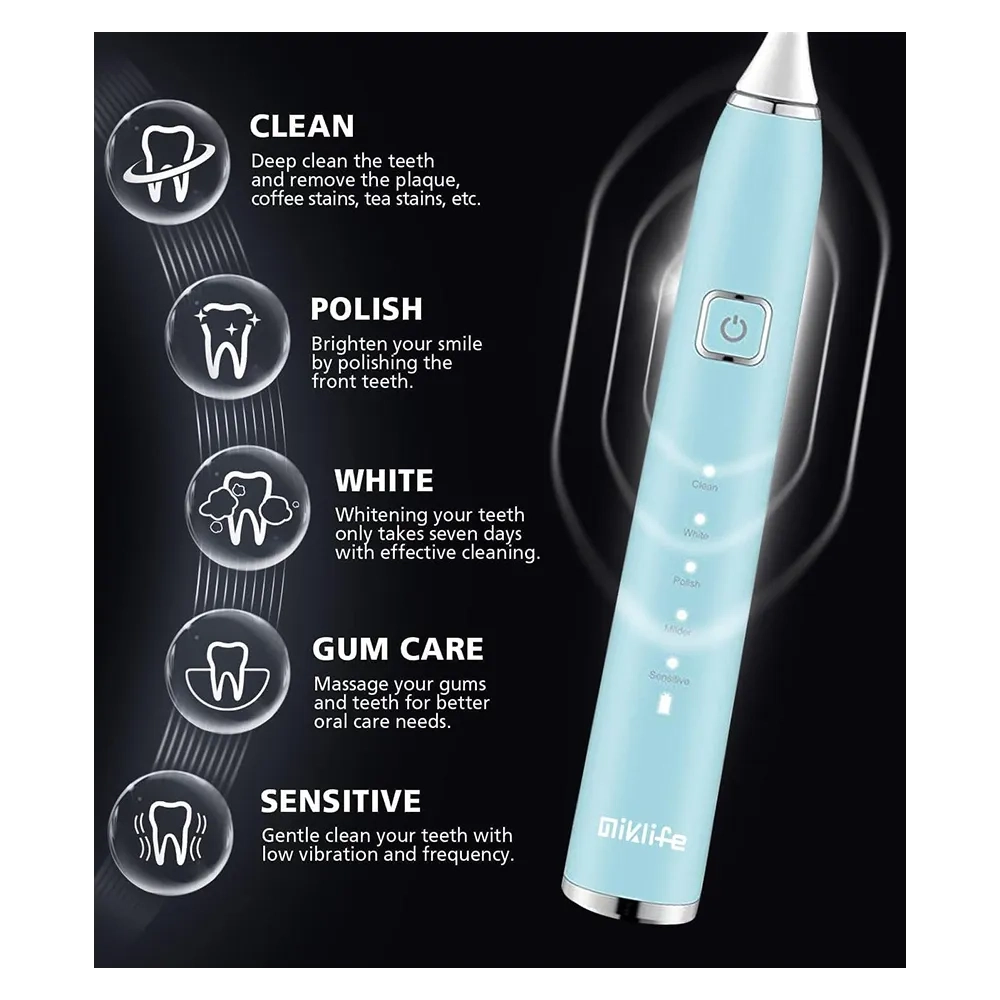 Miklife Sonic Electric Toothbrush 5 Modes Rechargeable Power Smart Toothbrush Cleaner With 3 Brush Heads For Adults Blue