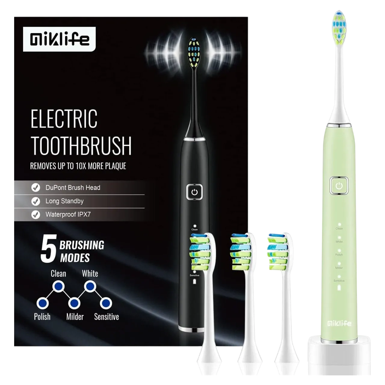 Miklife Sonic Electric Toothbrush 5 Modes Rechargeable Power Smart Toothbrush Cleaner With 3 Brush Heads For Adults Green