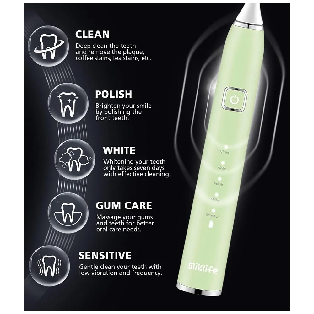 Miklife Sonic Electric Toothbrush 5 Modes Rechargeable Power Smart Toothbrush Cleaner With 3 Brush Heads For Adults Green