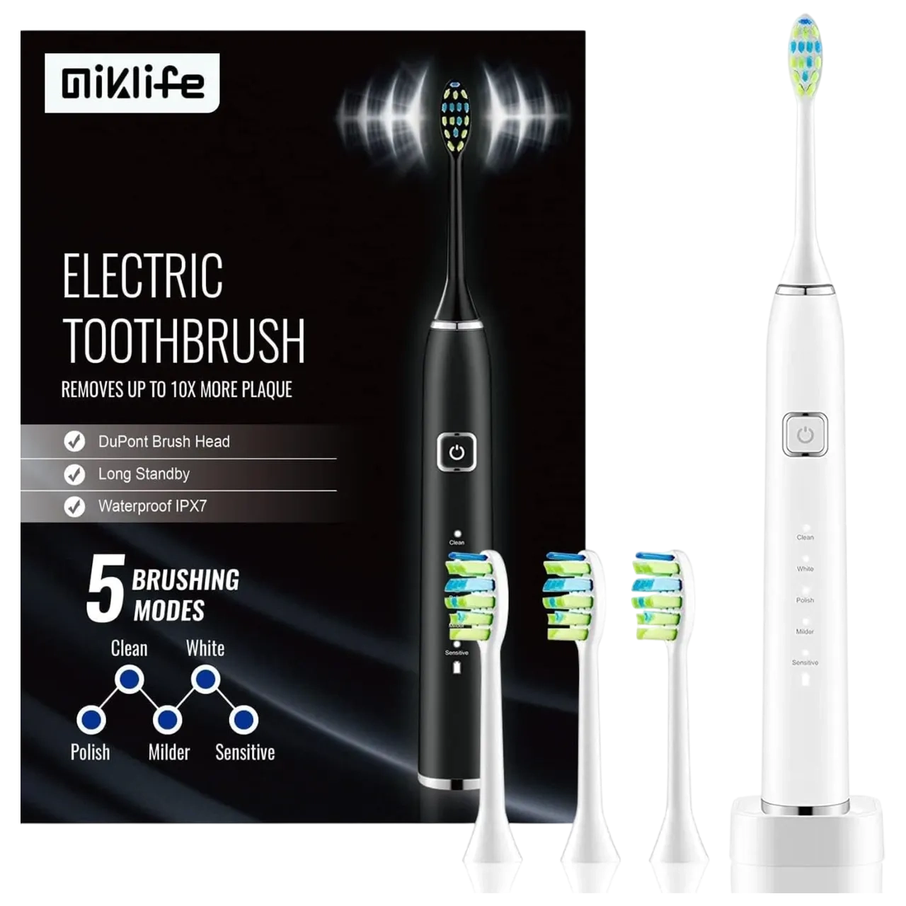 Miklife Sonic Electric Toothbrush 5 Modes Rechargeable Power Smart Toothbrush Cleaner With 3 Brush Heads For Adults White