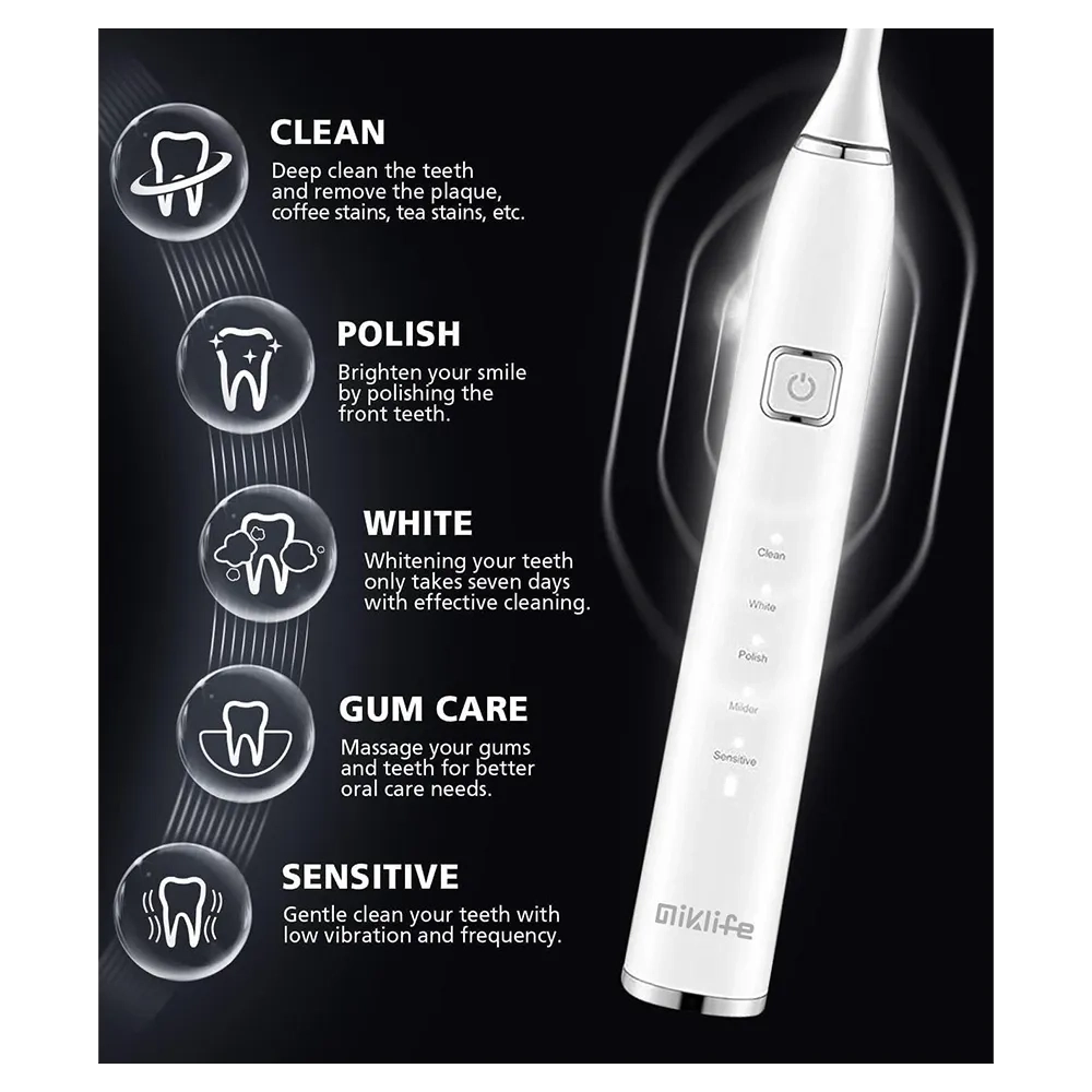 Miklife Sonic Electric Toothbrush 5 Modes Rechargeable Power Smart Toothbrush Cleaner With 3 Brush Heads For Adults White