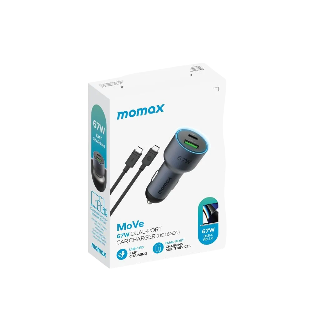 Momax Move 67w Dual-port Car Charger Bundle With Dc21 Space Grey Uc16gsc