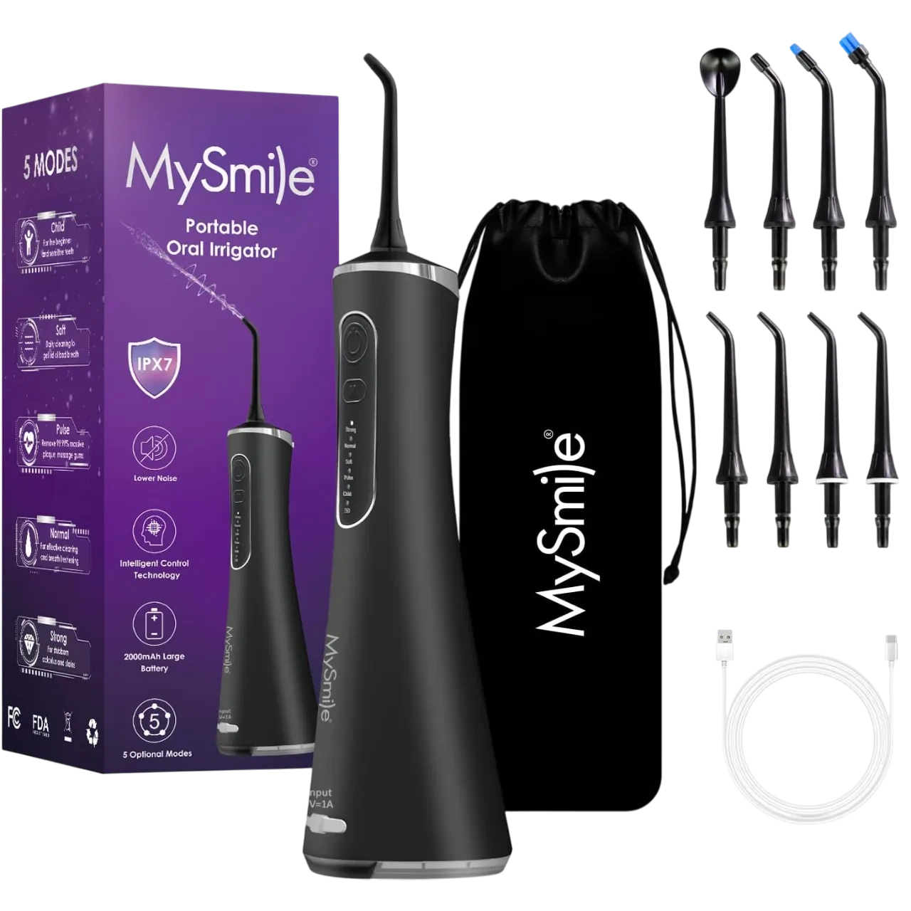 Mysmile Lp211 Cordless Advanced Water Flosser For Teeth, Rechargeable Power Dental Flosser, Ipx 7 Waterproof Dental Irrigador With Travel Storage Pouch Black