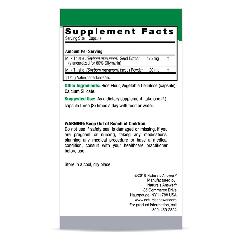Nature's Answer Milk Thistle Seed Standardized Vegan Capsules For Detox & Liver Function, Pack Of 120's