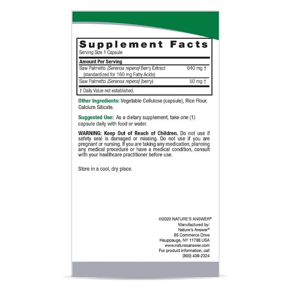 Nature's Answer Saw Palmetto 690mg Vegan Capsules For Prostate Health, Pack Of 120's