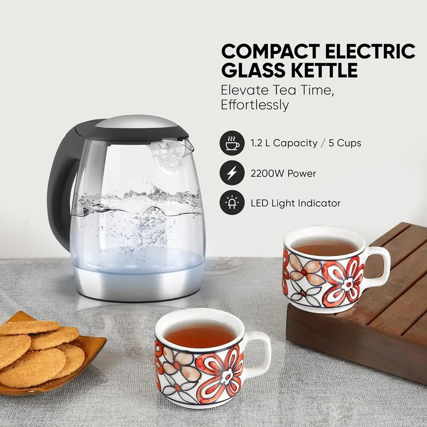 Nikai 1.7L 2200W Electric Glass Kettle, Led Indicator, Auto Shut Off, Anti-Slip Feet, Detachable Filter, Quick Boiling, For Home & Office Use - Nk323G