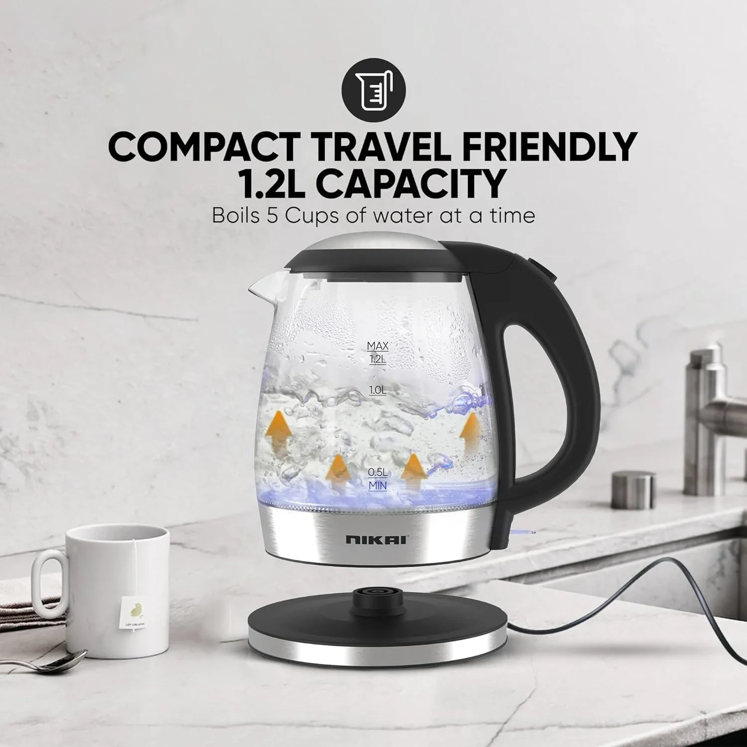 Nikai 1.7L 2200W Electric Glass Kettle, Led Indicator, Auto Shut Off, Anti-Slip Feet, Detachable Filter, Quick Boiling, For Home & Office Use - Nk323G