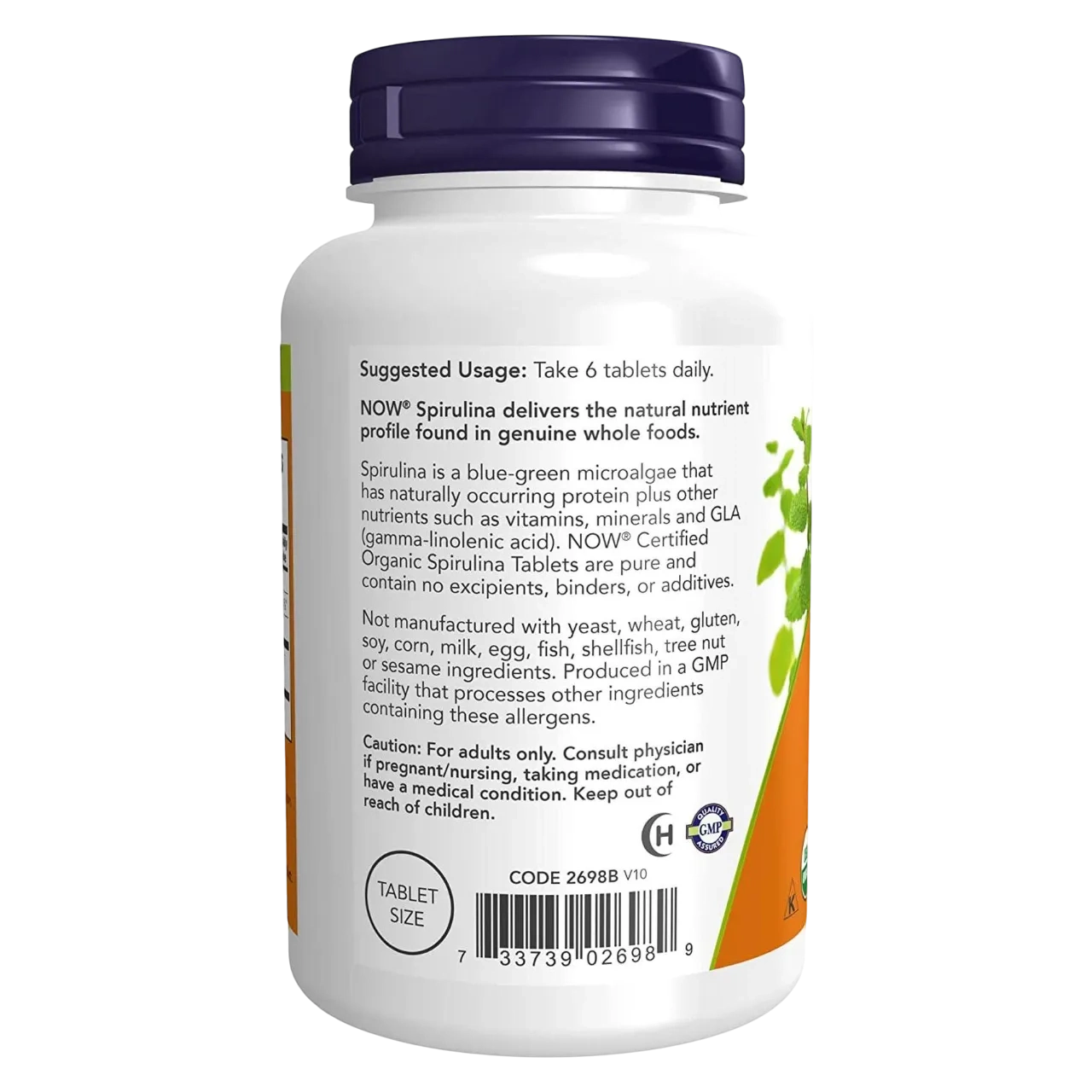 Now Certified Organic Spirulina 500mg Dietary Supplement 200 Tablets