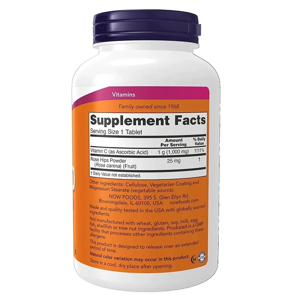 Now Vitamin C 1000mg Sustained Release Tablets With Rose Hips For Antioxidant Protection & Immune Support, Pack Of 250's