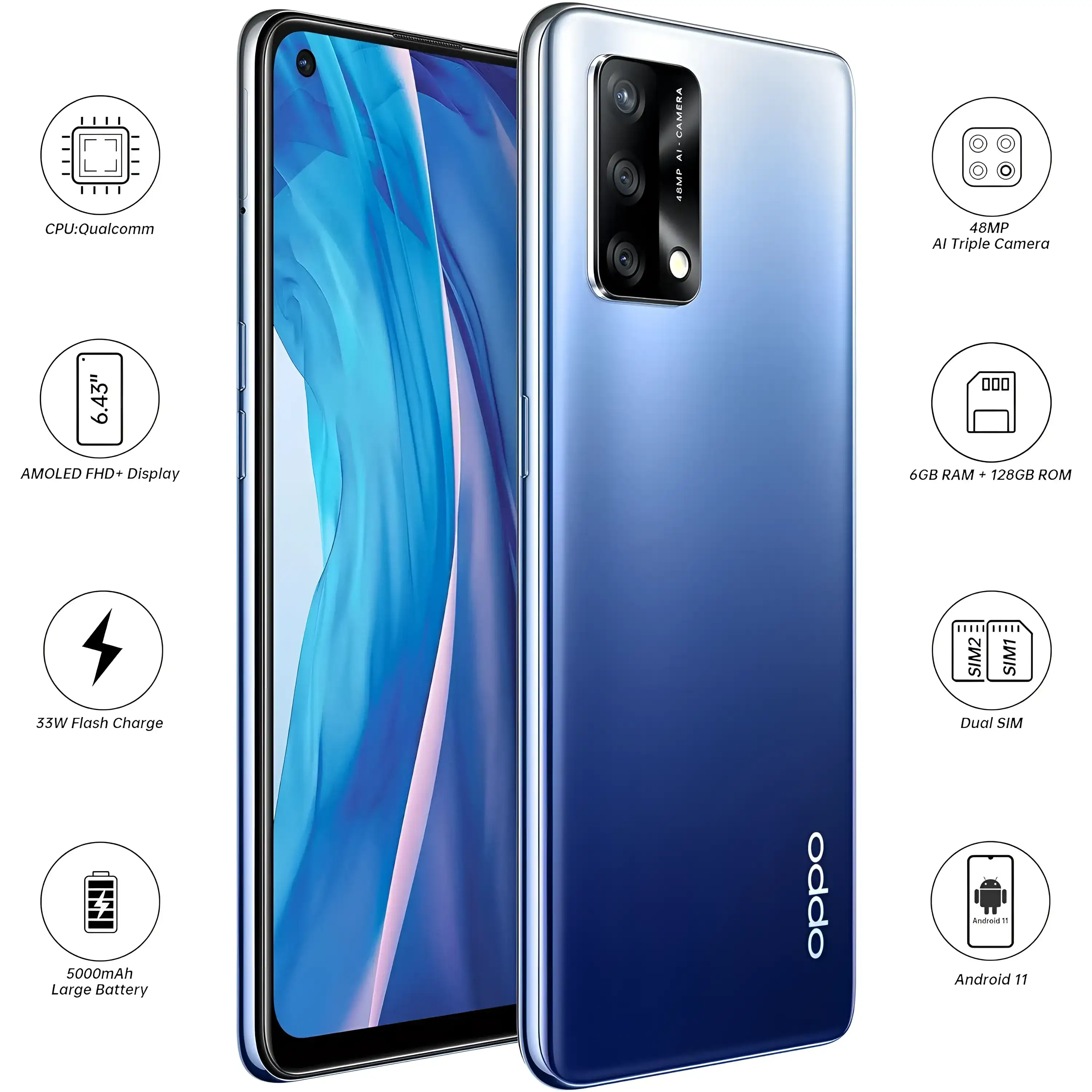 Oppo A74 Smartphone Dual Sim 128Gb 6Gb Ram, Blue