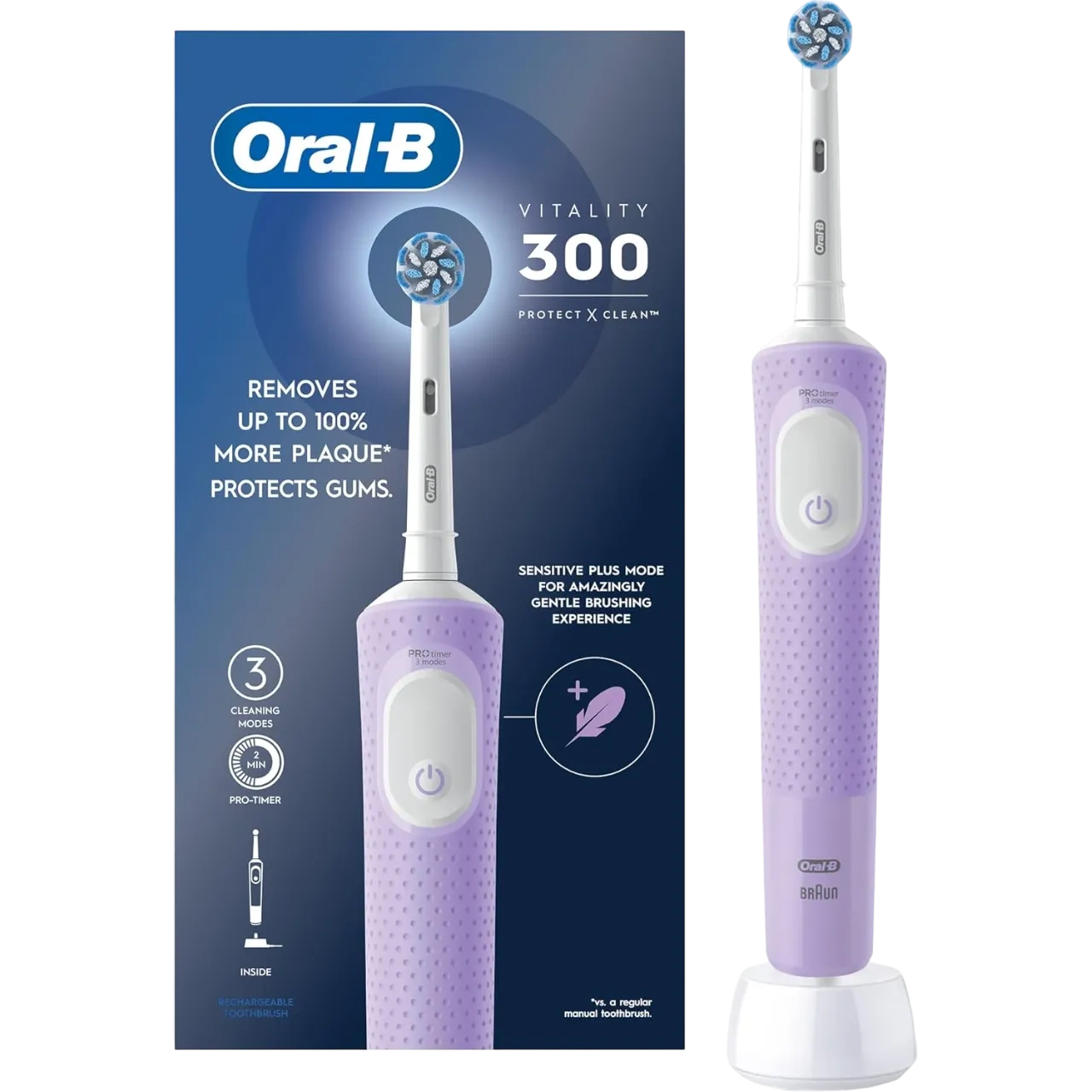 Oral-b Vitality 300 Rechargeable Toothbrush With Crossaction Brush Head, 3 Cleaning Modes & 2 Minutes Built-in Timer D103.413.3 Lilac
