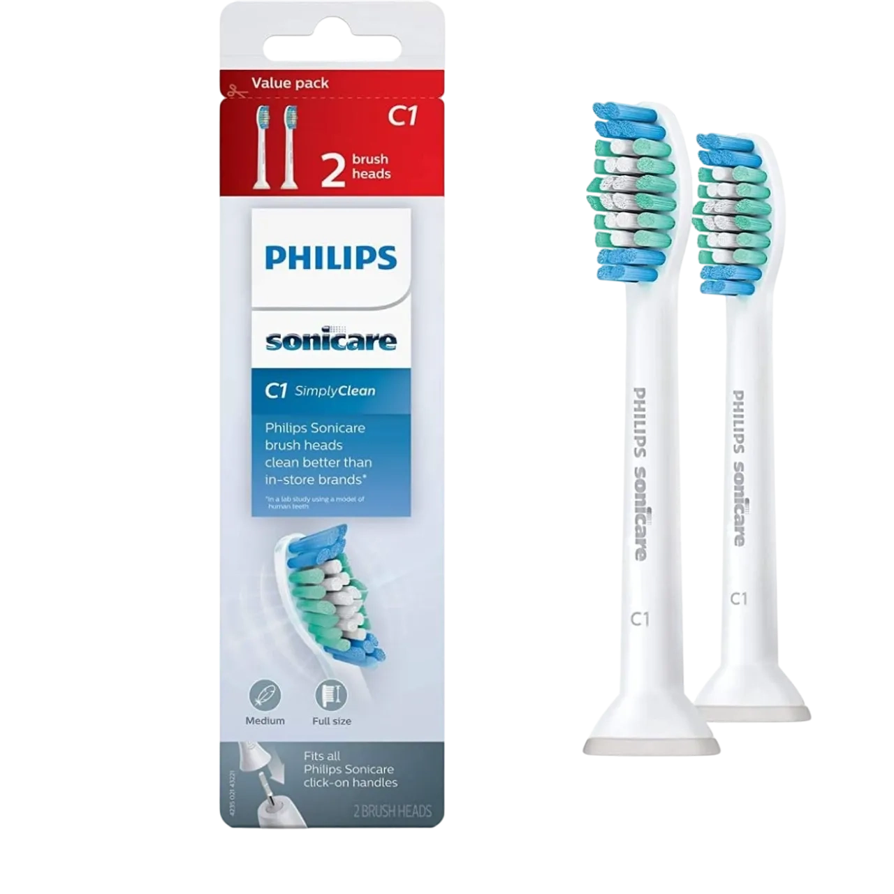 Philips Sonicare Genuine Simply Clean Replacement Toothbrush Heads, 2 Brush Heads, White, Hx6012/04