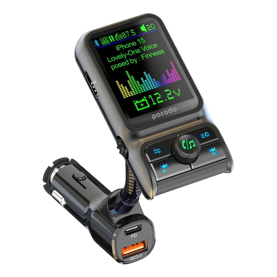 Porodo Dual Port Car Charger Fm Transmitter Pd 36w Qc 18w Black Pd-fm36wcc-bk