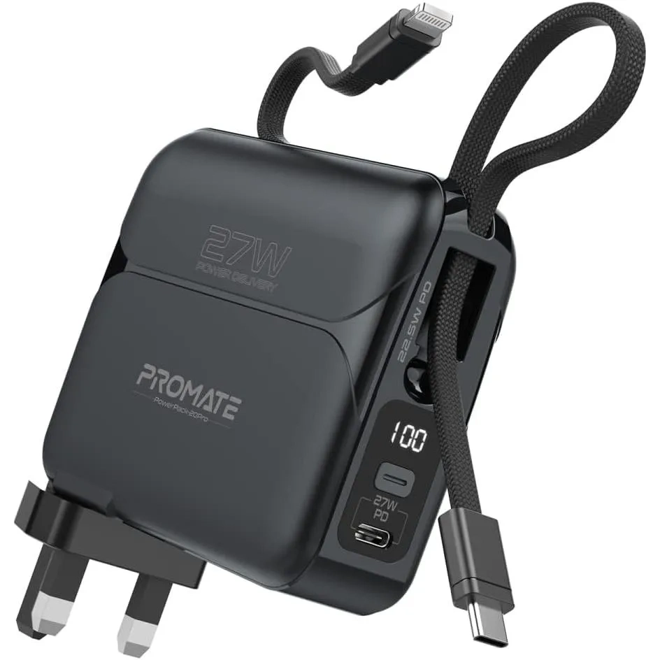 Promate 20000 Mah Power Bank, Universal Portable Charger With Ac Plug, 22.5w Usb-c Power Delivery Cable, 27w Powerpack-20pro Black