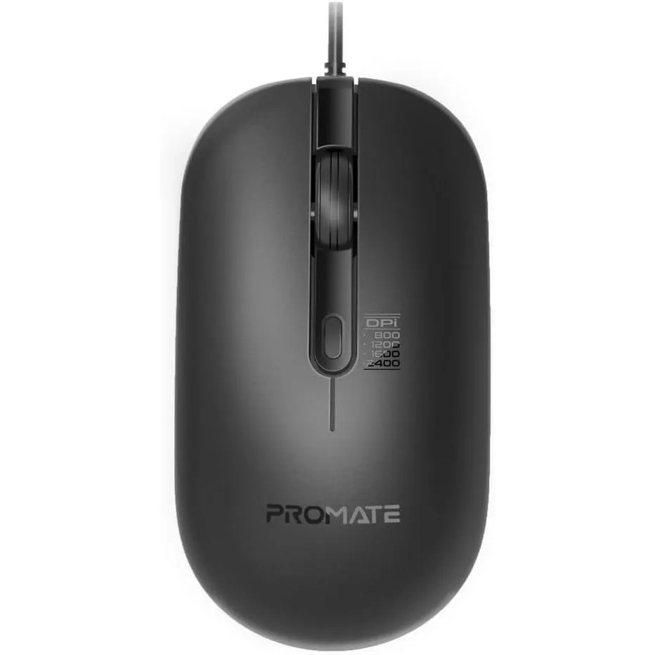 Promate Ergonomic Ambidextrous Optical Wired Mouse With 6 Million Keystrokes, 1200dpi, 3 Buttons, Black