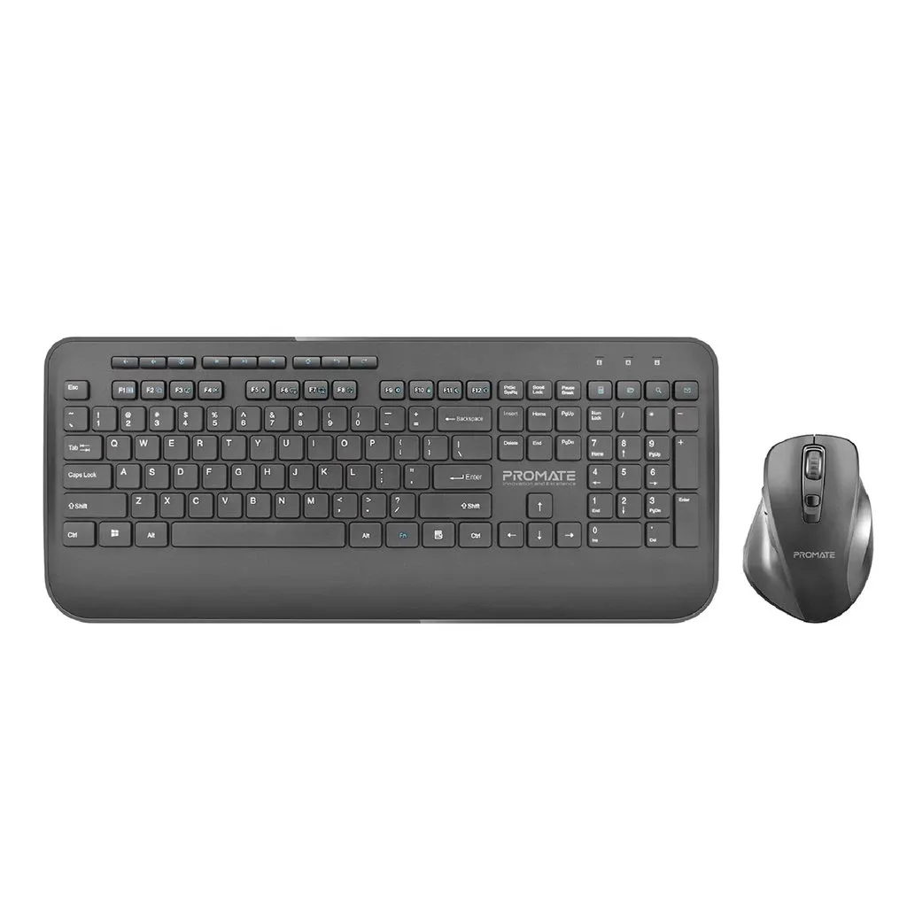Promate Ergonomic Sleek 2.4ghz Full-size Wireless Keyboard With Palm Rest And 1600 Dpi Mouse Procombo-8 English Black