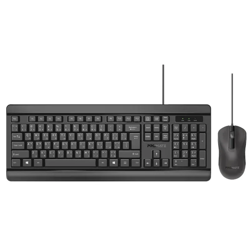 Promate Wired Keyboard And Mouse Combo, Ergonomic Quiet Full Keyboard With 1200 Dpi Ambidextrous Mouse Black