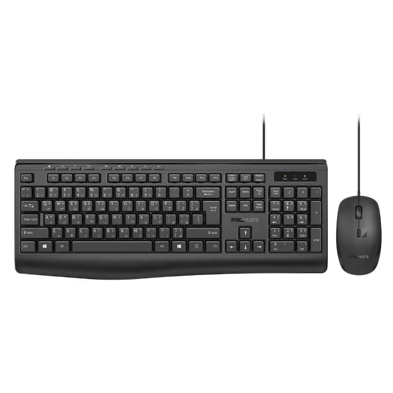 Promate Wired Keyboard And Mouse Combo, Ergonomic Slim Full-size Quiet Keyboard With 2400 Dpi Ambidextrous Mouse Black
