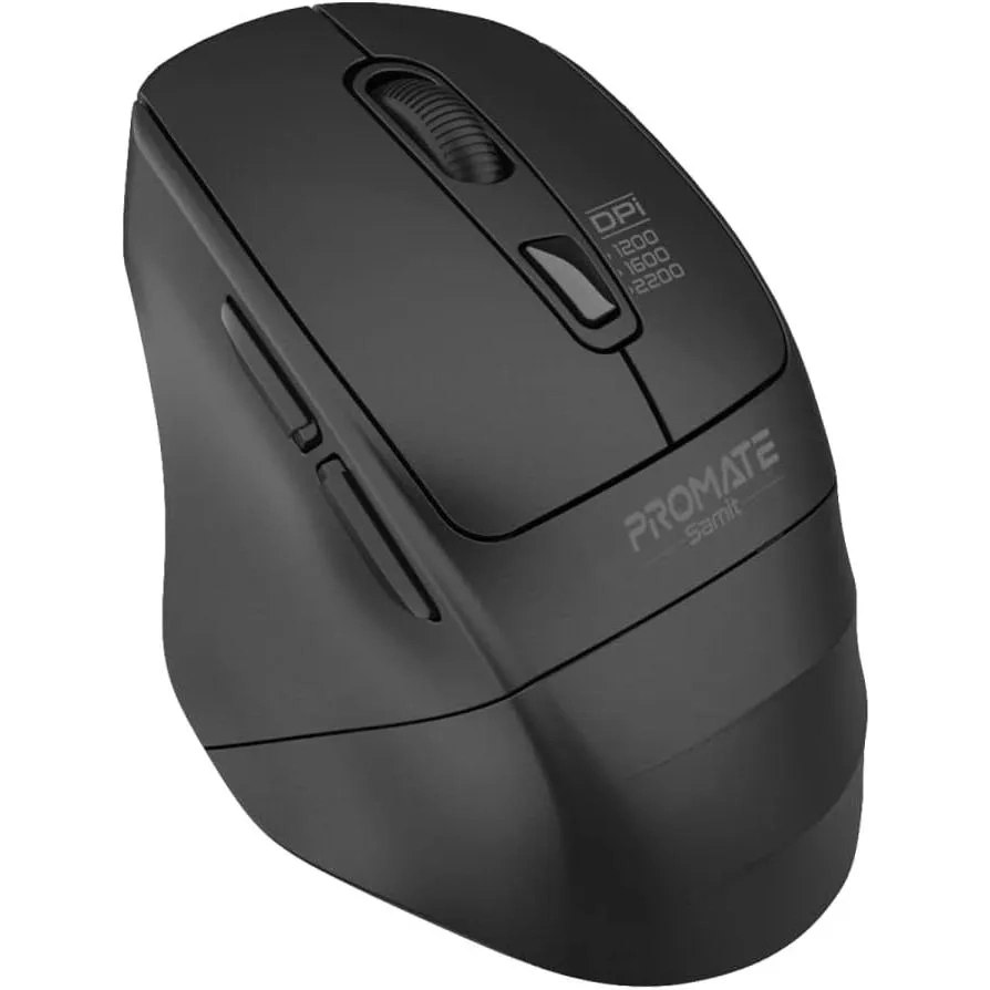 Promate Wireless Mouse, Ergonomic Silent Click Optical 2.4ghz Cordless Mice, Samit Black