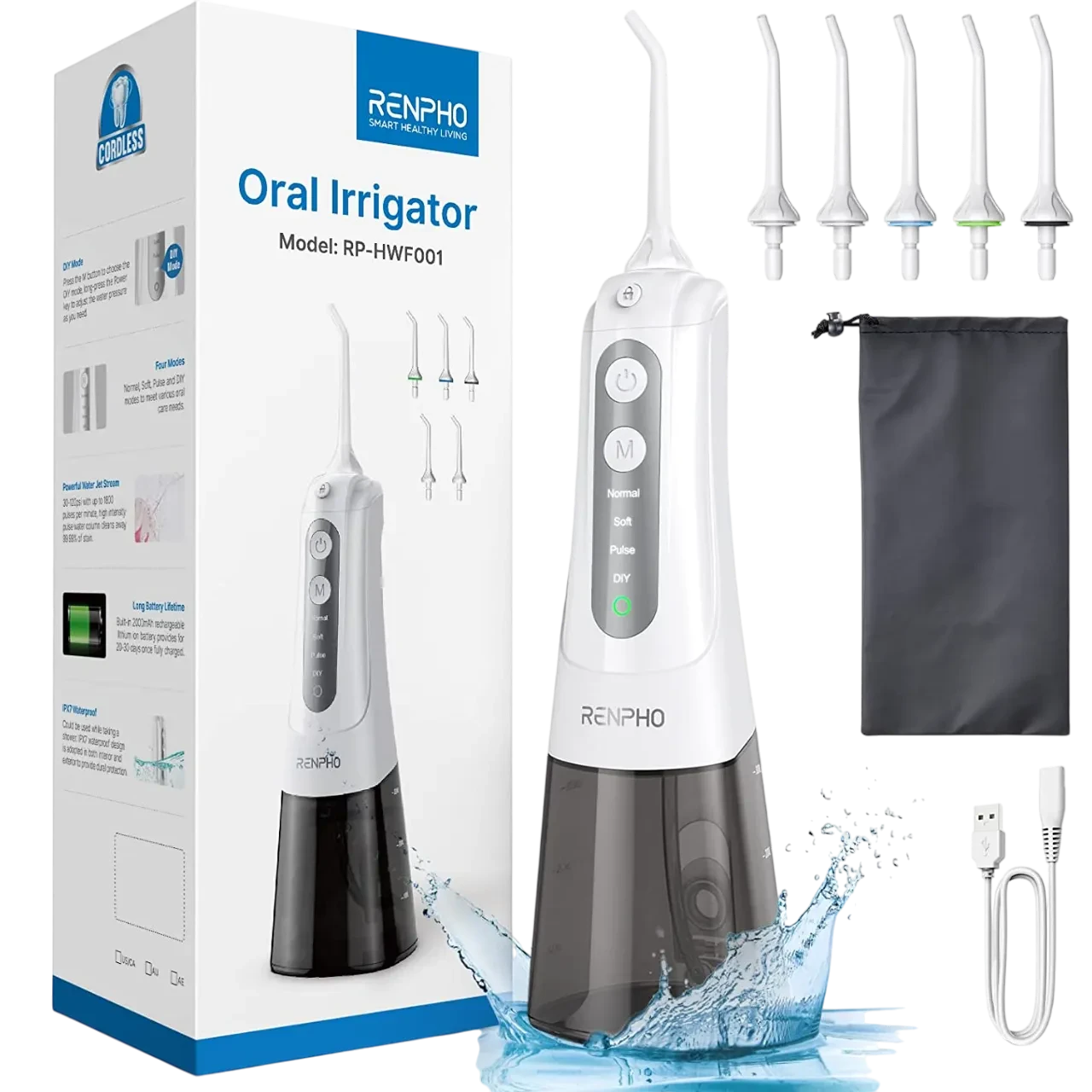 Renpho Oral Irrigator Cordless Water Flosser, Rechargeable, 300ml, Waterproof Dental Flosser Water Pick For Teeth, Portable Teeth Cleaning Kit, With 4 Modes For Travel