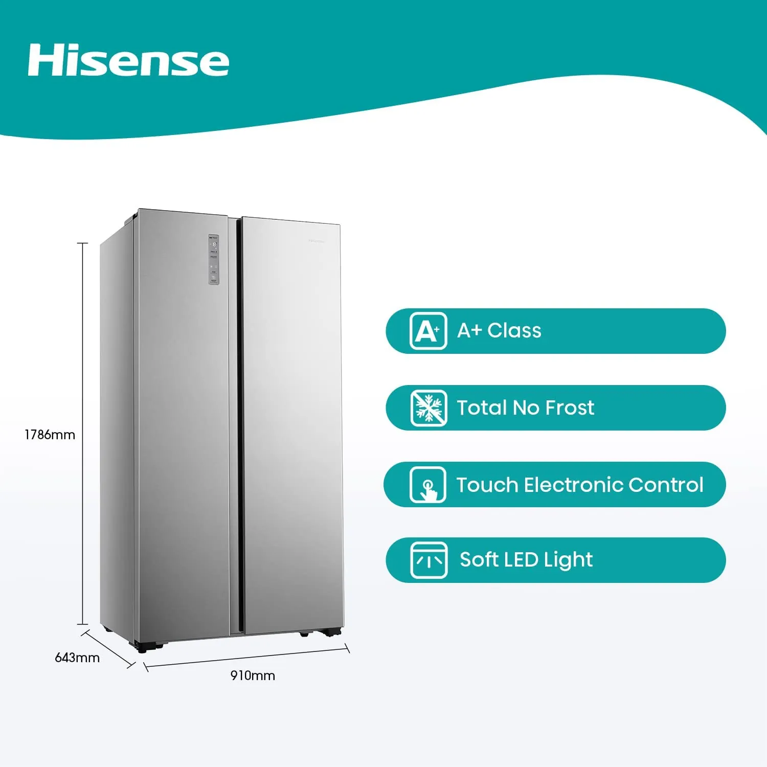 Hisense 670 Liter Refrigerator Side By Side A+ Energy Efficiency Silver Model RS670N4ASU