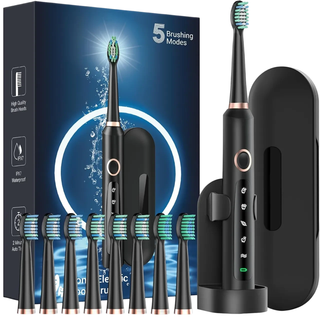 Rtauys M5 Sonic Electric Toothbrush For Adults And Kids - Rechargeable Electric Toothbrush With 8 Brush Heads & Travel Case Black