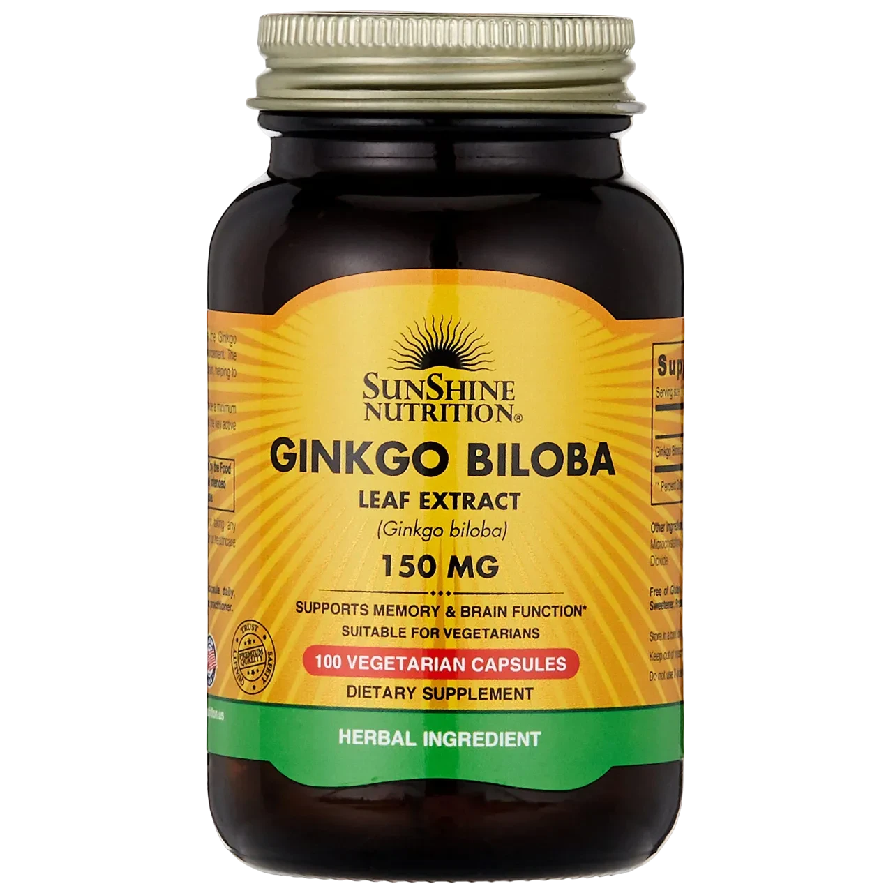 Sunshine Nutrition Ginkgo Biloba Leaf Extract 150mg Supports Mempry And Brain Function 100 Vegetarian Capsules