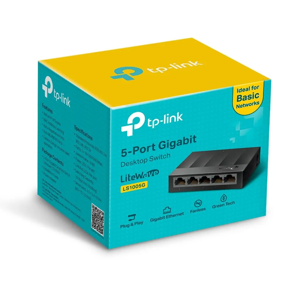 Tp-link Ls1005g 5-port Desktop-wallmount Gigabit Ethernet Switch-hub, Network Splitter, Plug And Play, Plastic Case, Black