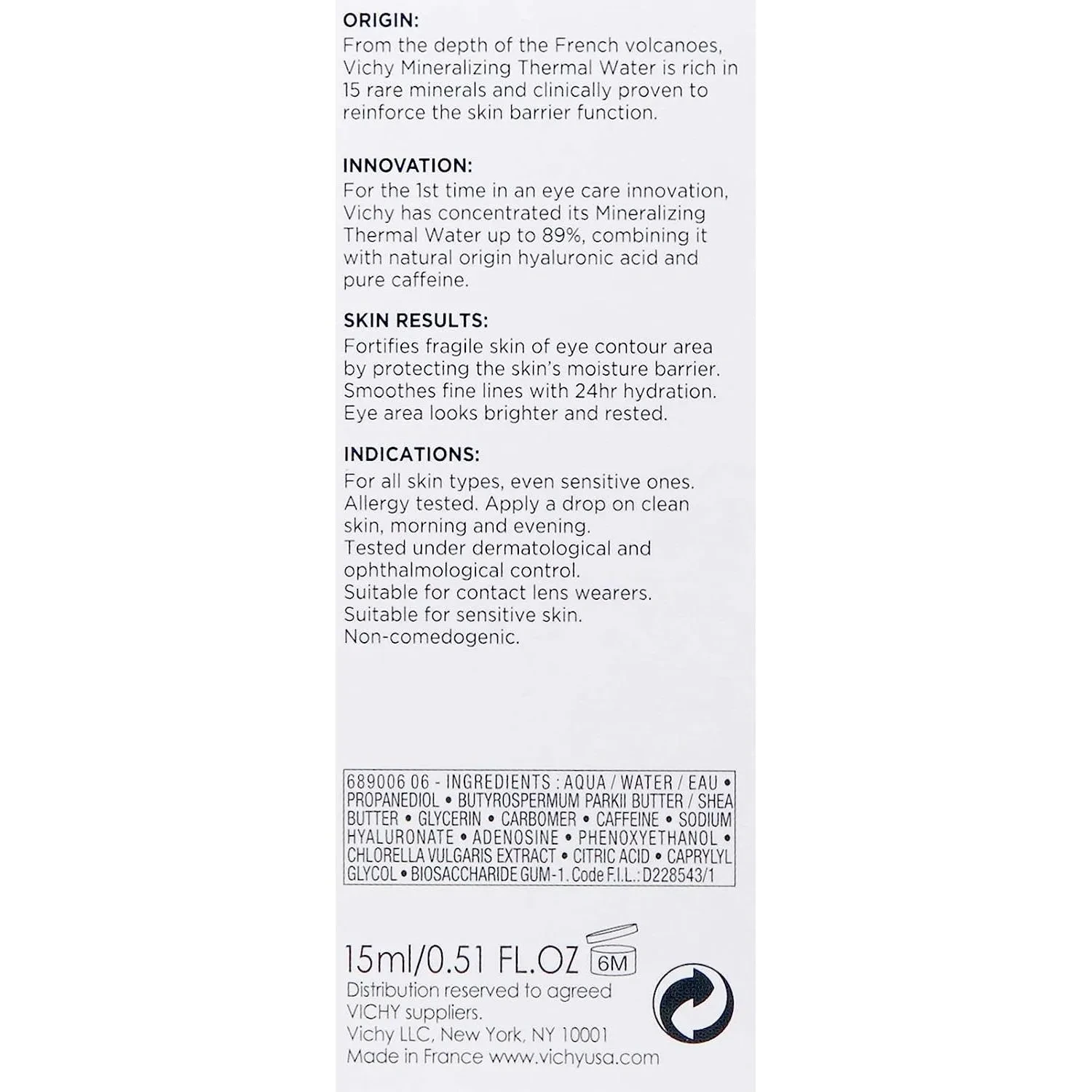 Vichy Mineral 89 Eyes Serum With Caffeine And Hyaluronic Acid,Suitable For Sensitive Skin 15 Ml