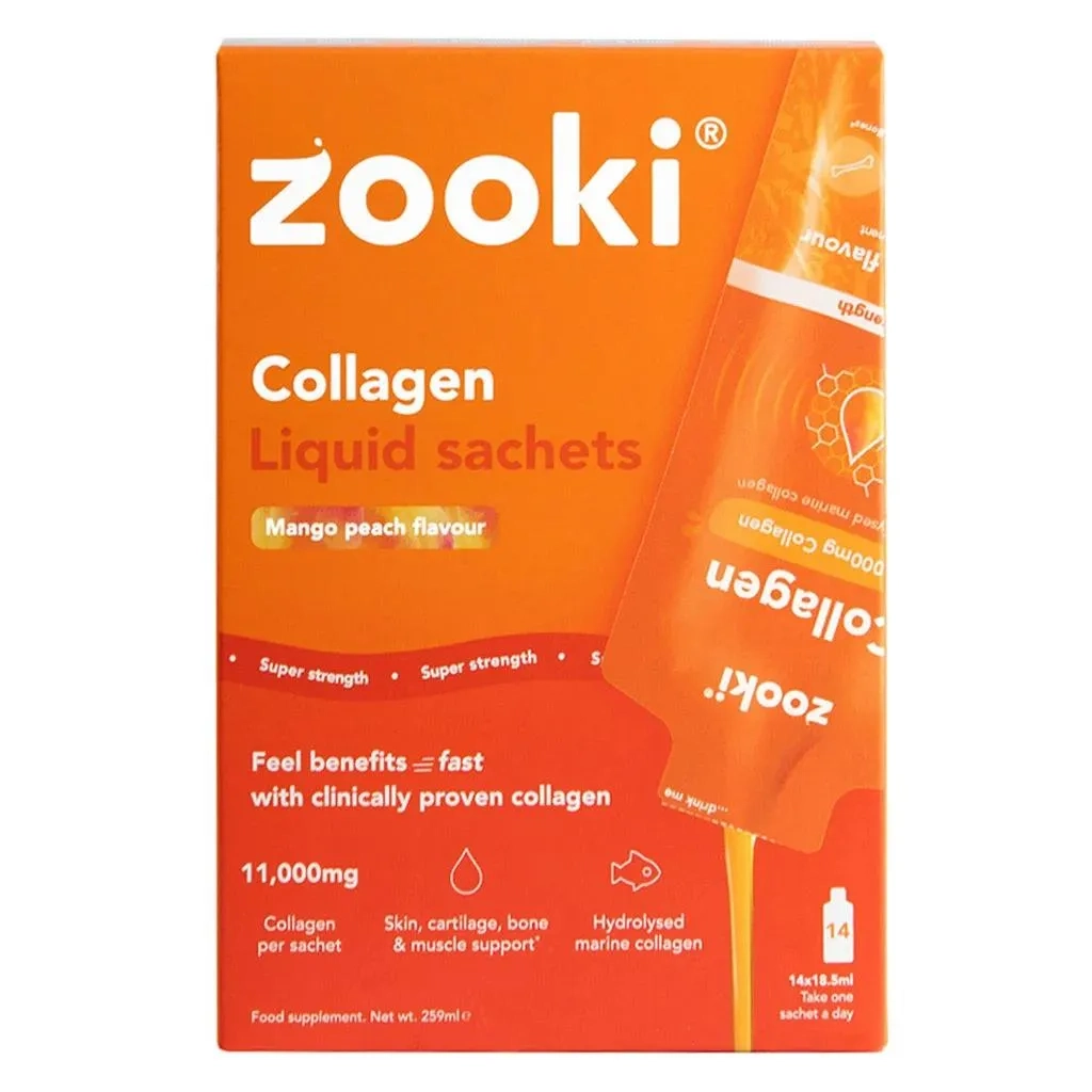 Zooki Super Strength Marine Collagen 11000mg Mango Peach Flavor Liquid Sachets 18.5ml, Pack Of 14's